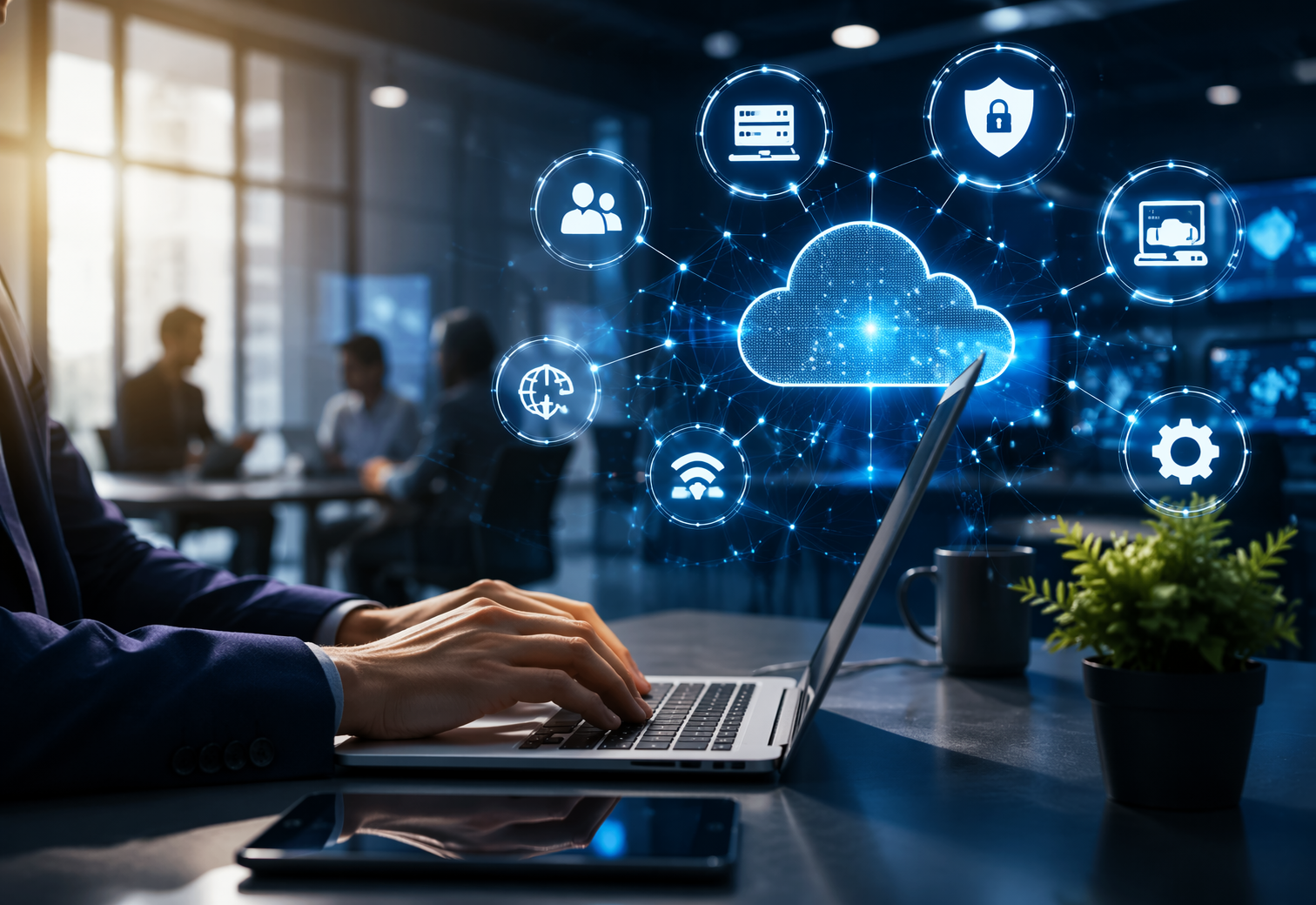 Professional IT services image showing Professional working at a laptop in a modern office, with digital icons and cloud graphic illustrating managed IT services nearby. for managed IT services, cybersecurity, network infrastructure, cloud solutions, and business IT support.