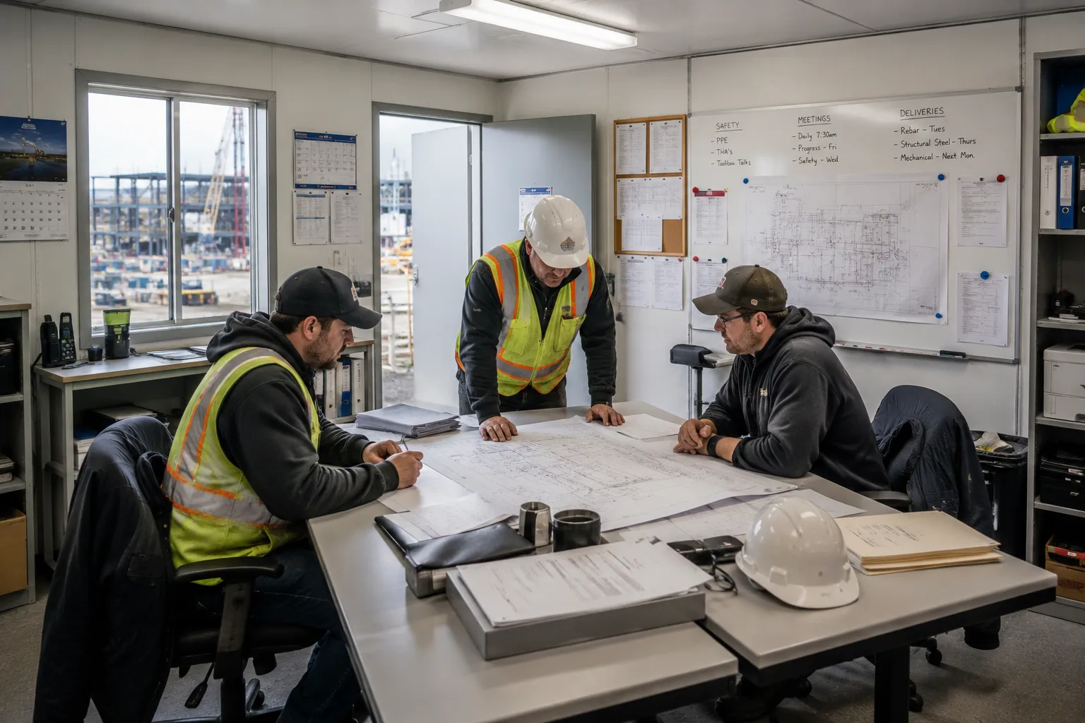 Industrial project team working at a job site office