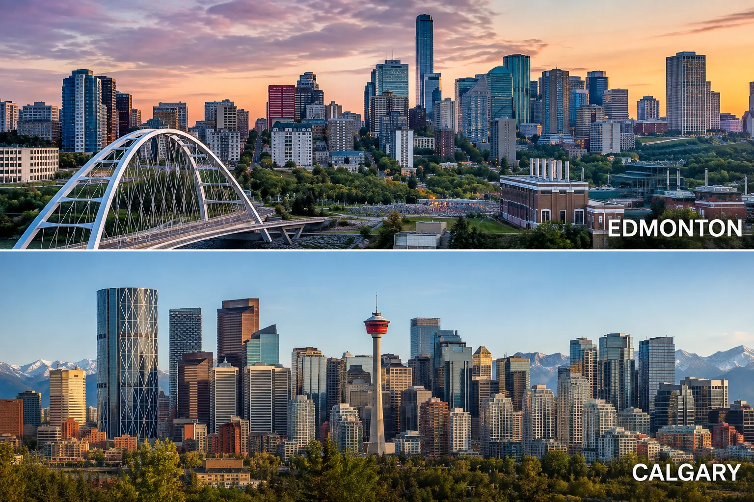 Split view of two Alberta skylines: Edmonton with the Walterdale Bridge above, Calgary with the Calgary Tower and the Rocky Mountains below.